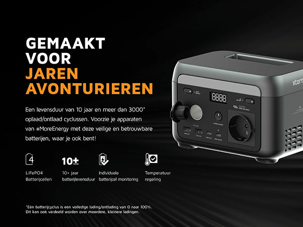 Gemaakt voor jaren avonturieren. Een levensduur van 10 jaar en meer dan 3000* oplaad/ontlaad cyclussen. Voorzie je apparaten van #MoreEnergy met deze veilige en betrouwbare batterijen, waar je ook bent!. 4 LiFePO4 Batterijcellen. 10+ years 10+ jaar batterijlevensduur. Individuele batterijcel monitoring. Temperatuur regeling