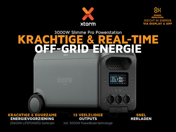 Krachtige & real-time off-grid energie. 3000W Slimme Pro Powerstation. 8H power remaining inzicht in energie via display & app. Krachtige & duurzame energievoorziening 2560Wh LIFEPOWER2 batterijen. 13 veelzijdige outputs incl. 5000W PowerBoost-technologie. Snel herladen