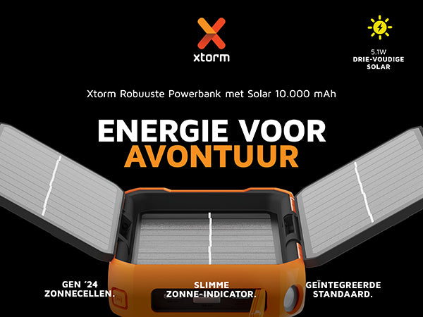 Energie voor avontuur. Xtorm Robuuste Powerbank met Solar 10.000 mAh. 5.1W drie-voudige solar. Gen `24 zonnecellen. Slimme zonne-indicator. Geïntegreerde standaard