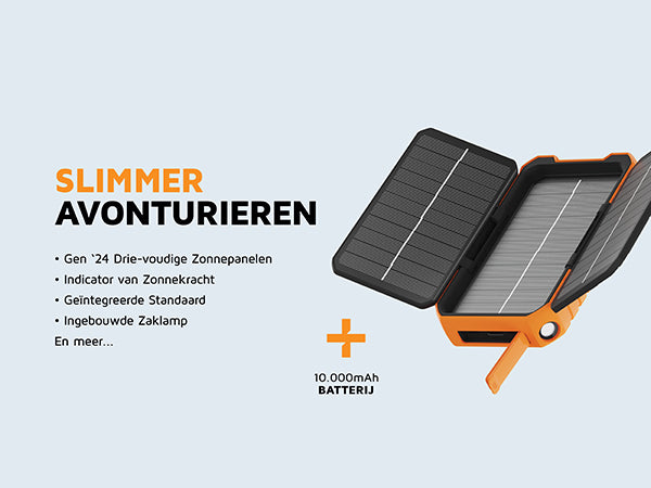 Slimmer avonturieren. Gen '24 Drie-voudige Zonnepanelen. Indicator van Zonnekracht. Geïntegreerde Standaard. Ingebouwde Zaklamp. En meer. 10.000mAh batterij