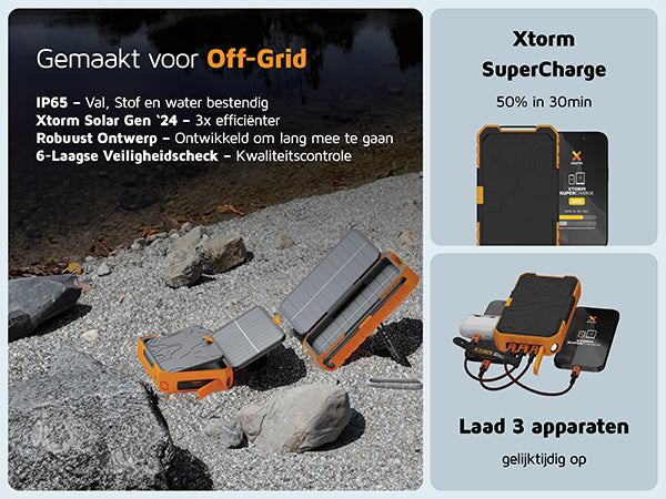 Gemaakt voor Off-Grid. Xtorm SuperCharge 50% in 30min: Dankzij 20W Xtorm SuperCharge zijn je telefoon en andere apparaten binnen no-time opgeladen!. Geschikt voor al je gadgets: Bijvoorbeeld je actiecamera, GPS en oortjes. Laad 3 apparaten gelijktijdig op: Laad je telefoon, GPS en koptelefoon tegelijkertijd op. Xtorm Solar Gen '24 3x Efficiëntere Zonnepanelen: Mogelijk gemaakt door de integratie van onze nieuwe generatie zonnecellen. IP65 – Val, Stof en water bestendig