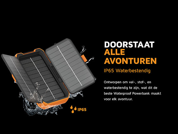 Doorstaat alle avonturen. Met IP65-classificatie - Waterbestendig. Ontworpen om val-, stof-, en waterbestendig te zijn, wat dit de beste Waterproof Powerbank maakt voor elk avontuur. IP65