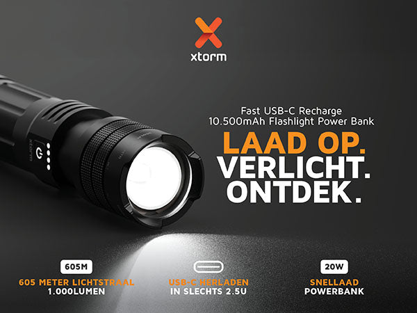Laad op. verlicht. ontdek. Fast USB-C Recharge 10.500mAh Flashlight Power Bank. 605M 605 meter lichtstraal 1.000LUMEN. USB-C herladen in slechts 2.5U. 20W snellaad powerbank