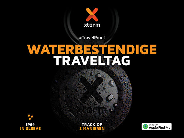 Waterbestendige traveltag. #TravelProof. IP64 in sleeve. Track op 3 manieren