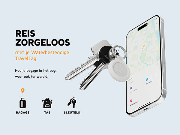 Reis zorgeloos. Met je Waterbestendige TravelTag. Hou je bagage in het oog, waar ook ter wereld. Bagage. Tas. Sleutels