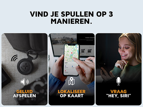 Vind je spullen op 3 manieren. Geluid afspelen. Lokaliseer op kaart. Vraag "hey, siri"