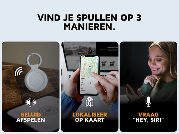 Vind je spullen op 3 manieren. Geluid afspelen. Lokaliseer op kaart. Vraag "hey, siri"