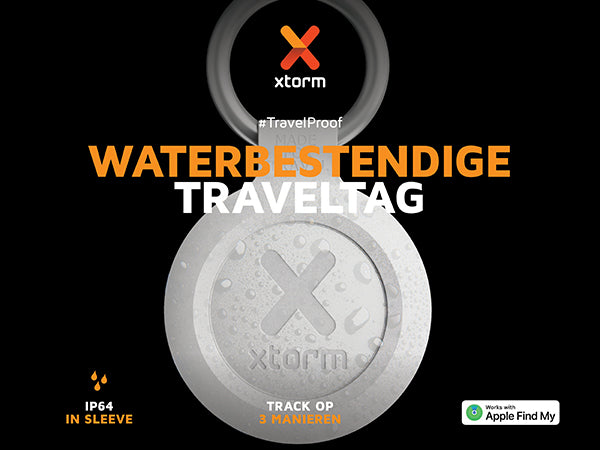 Waterbestendige traveltag. #TravelProof. IP64 in sleeve. Track op 3 manieren